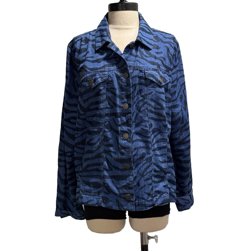 Chico's Navy Animal Print Cotton Lyocell Denim Jacket sz 2